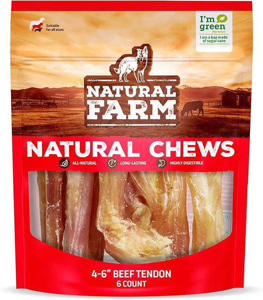 Natural Farm Extra-Thick Beef Tendons (4-6 Inch, 6 Pack), Natural Chondroitin and Collagen: Supports Healthy Joints, Great for Dental Health – Made & Packaged, All Dog Sizes