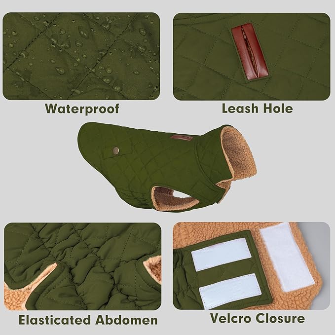 azuza Dog Jacket Waterproof & Windproof Dog Coat for Small Dogs with Thick Fleece, High Collar with Leash Hole, Adjustable Velcro & Elastic Belly, Army Green M