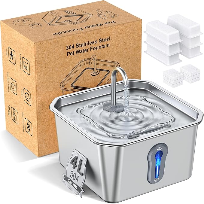 Stainless Steel Cat Water Fountain, 4L/135oz Automatic Circulation pet Water Dispenser, Quiet cat Bowl Water Dispenser, Suitable for Cats, Dogs and Multiple Pets. (Pet Fountain+6 Filters+6 Sponges)
