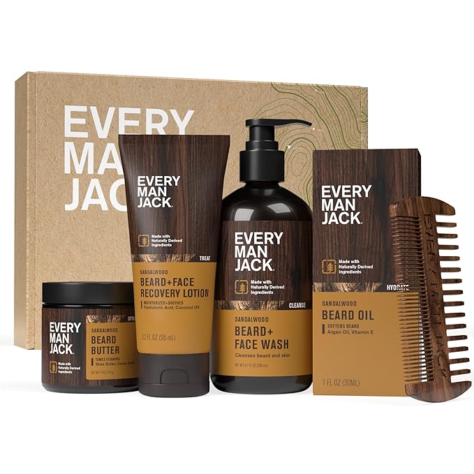 Every Man Jack Men's Sandalwood Beard Set - Perfect for Every Guy - Five Grooming Essentials For a Complete Routine - Beard + Face Wash, Beard + Face Lotion, Beard Oil, Beard Butter, and Beard Comb