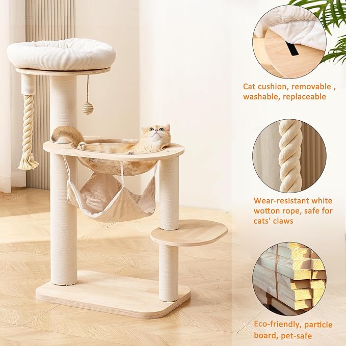 Modern Cat Tree Tower with Hammock for Indoor, Multifunctional 41-in Spacious Cat Tower with Bed, Space Capsule, Dangling Ball, Interactive Rope, Scratching Post