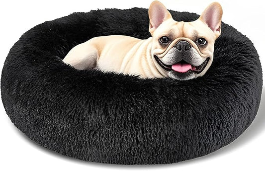 Dog Calming Beds for Small Medium Large Dogs - Round Donut Washable Puppy Dog Bed, Anti-Slip Faux Fur Fluffy Donut Cuddle Anxiety Cat Pet Bed(24'' Black)
