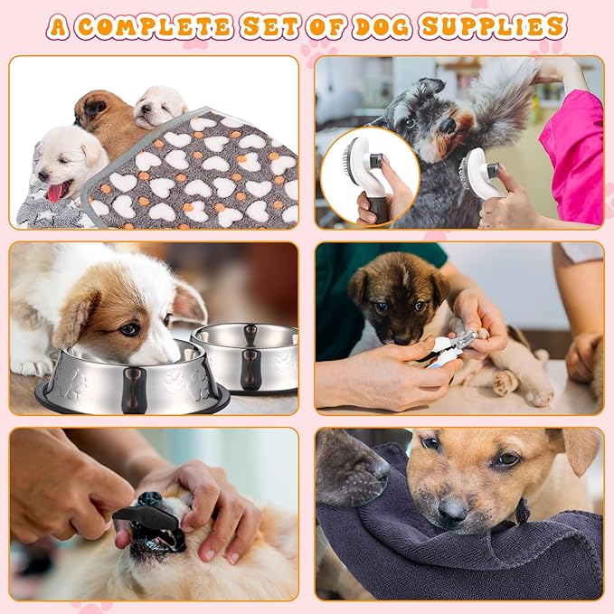 Abbylike 50 Pcs Puppy Supplies Starter Kit for Small Dogs Puppy Essentials Includes Leash, Bowls, Teeth Brushes, Water Bottle, and More Accessories for Dogs Christmas Welcome Gift(Black)