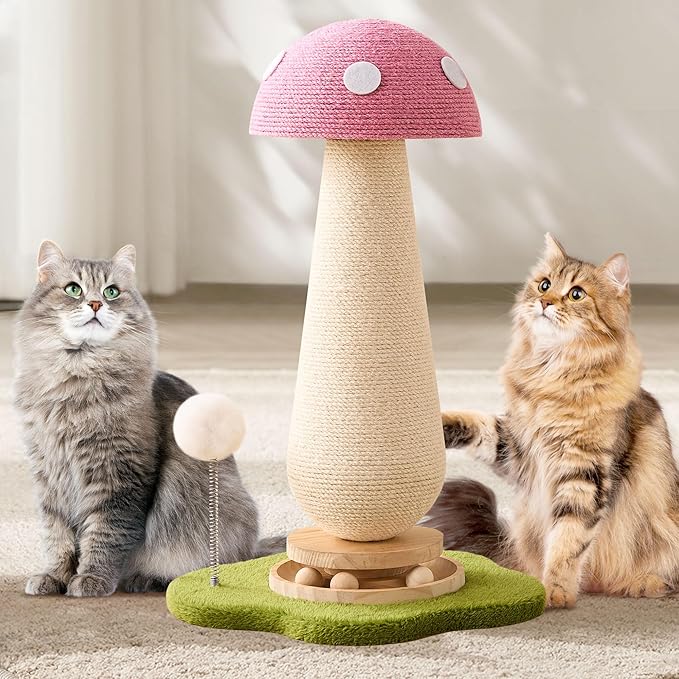 21.5‘’ H Cat Scratching Post with Catnip,Cute Mushroom Cat Scratcher Post with Durable Natural Solid Wood Turntable Toy,Baby Pink Mushroom Shape Design Cat Toy Cat Sisal Scratcher for Indoor Cats