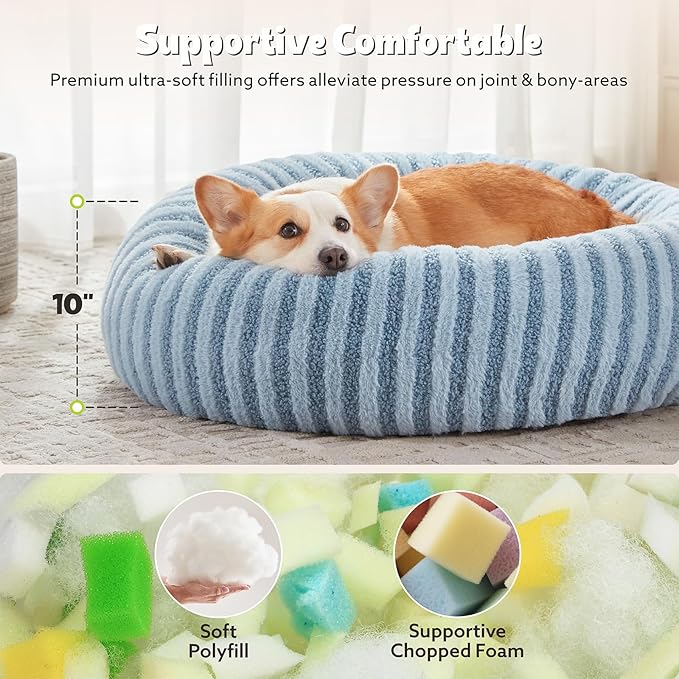 MIXJOY Calming Dog Beds Large Sized Dogs - Washable Donut Large Dog Bed with Removable Zipper Cover, Round Fluffy Plush Faux Fur Pet Bed with Anti-Slip Bottom, 36"x36"x10", Blue