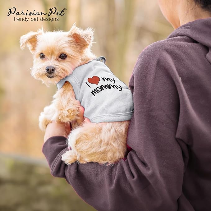 Parisian Pet Unisex Dog T-Shirt with Embroidered 'I Love My Mommy' Words - 100% Cotton, I Love My Mom Shirt - Breathable Sleeveless Pet Vest - Grey Dog Shirts for Small Dogs, XS