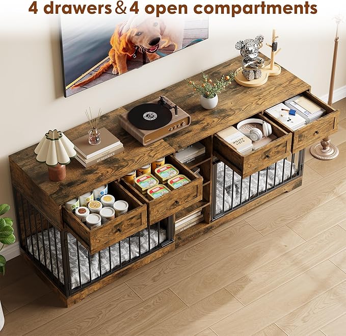GarveeHome 82” Double Dog Crate Furniture, Large Dog Kennel Indoor for 2 Dogs, Heavy Duty Wooden Dog Crate TV Stand with 4 Drawers and Shelves, Brown