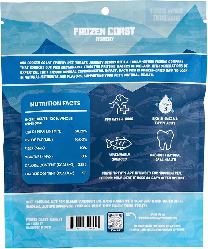 Frozen Coast Freeze-Dried Minnows Dog and Cat Treats -Single-Ingredient, All-Natural Fish, Grain-Free, High Protein Pet Treats, Sourced in The USA - 1 oz-Bag