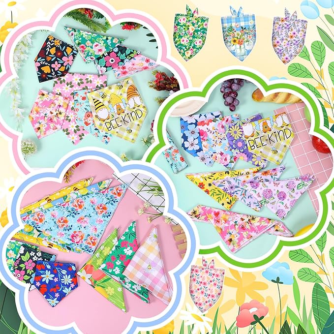 30 Pcs Spring Summer Dog Bandanas Bulk Floral Pet Scarves Bibs Adjustable Puppy Bandanas Girl Washable Flower Puppy Grooming Bandana for Small Medium Large Breed Dog Cat Pet Grooming Accessories