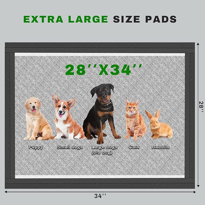 Charcoal Puppy Pads 28x34 Inches Extra Large Dog Pee Pads Odor-Control & Leak-Proof Disposable Pet Training Black New Edge-Wrapping Thicken Potty Pad for Dogs, Cats, Rabbits (100 Pieces)
