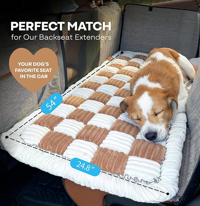 APetsPlanet Dog Bed for Car Back Seat Extender - Non-Slip Backseat Cushion for Dogs - Travel Plush Pet Mat Topper for Cars, Trucks, SUVs - Machine Washable Pad Blanket - Brown Plaid, 54" x 24.8"