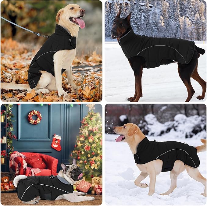 HEYWEAN Dog Winter Coat - Waterproof Windproof Reflective Vest for Medium & Large Breeds Adjustable Warm FleeceLined Jacket with Magic Tape & D-Ring for Leash Cold Weather Apparel (Black, Medium)