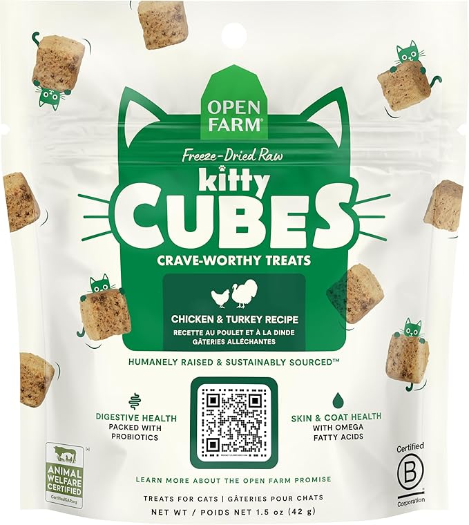 Open Farm, Kitty Cubes, Freeze Dried Raw Cat Treats, Grain-Free, High-Protein Cat Treat with Probiotics, Omega Fatty Acids & Superfoods, Chicken & Turkey Recipe, 1.5oz Bag