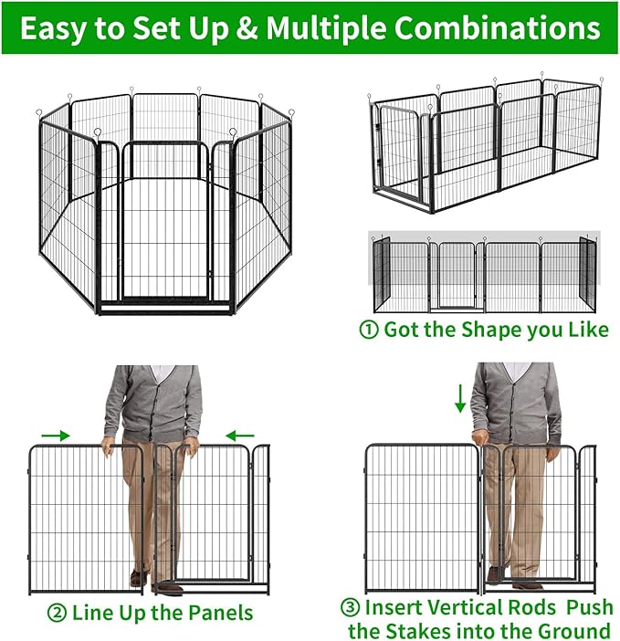 Dog Playpen Outdoor Extra Wide 8 Piece Panels Heavy Duty Dog Fence 40" Height Anti-Rust with Doors Portable for RV Camping Yard, Total 21FT, 35 Sq.ft, Snowy Black