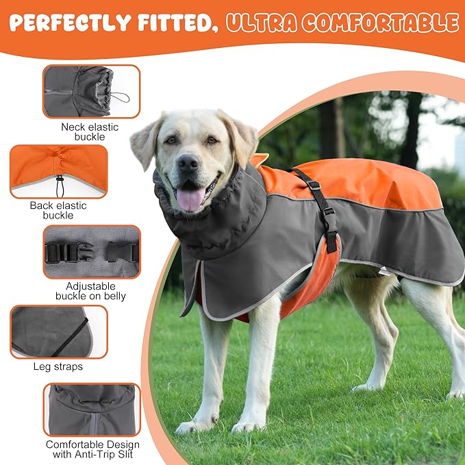 Dog Raincoat, Waterproof Dog Coat with Reflective Straps, Leash Hole & Polar Fleece Lining, Winter Snow Rain Coat for Small, Medium & Large Dogs, Warm, Windproof Vest Jackets