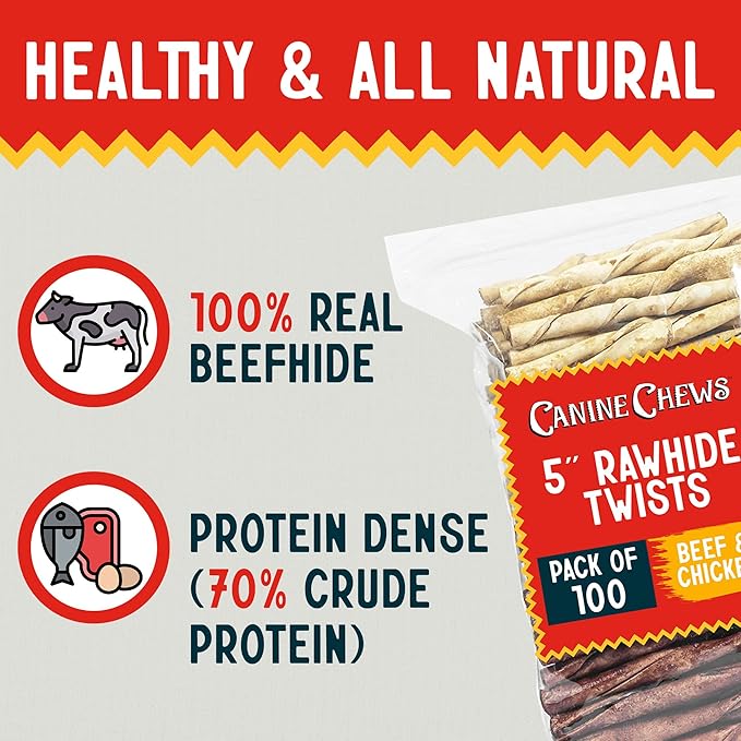 Canine Chews Beef & Chicken Basted Rawhide Twists - Dog Bones for Small Dogs - Rawhide Bones for Medium Dogs - Helps Promote Dental Health - 50 Beef & 50 Chicken Treats