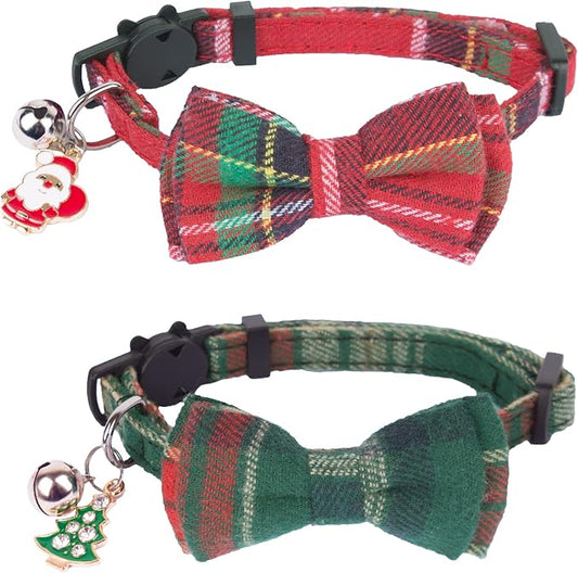 ADOGGYGO Christmas Cat Collars Breakaway with Removable Bow Tie Bell, 2 Pack Red Green Plaid Christmas Bow Collar for Cats Kittens