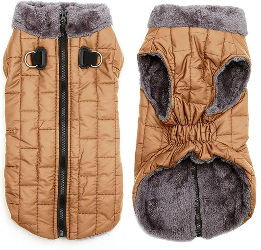Warm Fleece Dog Coats with Durable Harness Buitl in D-Ring,Waterproof Doggie Jacket for Large Dogs,Dog Vest for Cold Winter,Burnished Khaki XXL