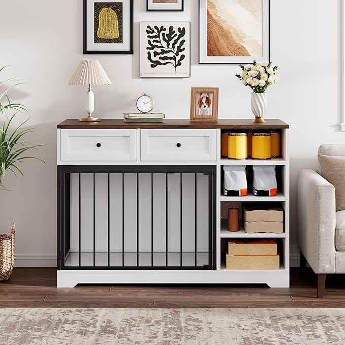 Dog Crate Furniture 47", Large Dog Crate TV Stand with 2 Drawers and 4 Shelves, Wooden Dog Kennel Indoor, Decorative Dog Cage with Storage for Large Dogs, White