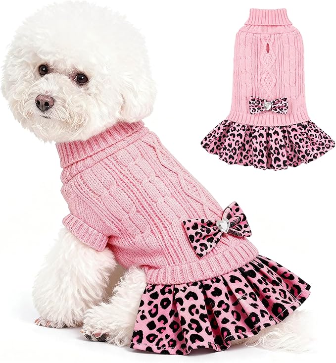 WOYYHO Girl Dog Sweater Dress with Bowtie Turtleneck Small Dogs Sweater with Leash Hole, Knitted Small Dog Sweaters Dress Puppy Winter Clothes for Yorkies Chihuahua (Large, Pink Leopard)