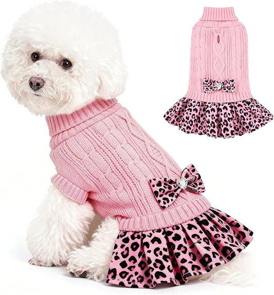 WOYYHO Girl Dog Sweater Dress with Bowtie Turtleneck Small Dogs Sweater with Leash Hole, Knitted Small Dog Sweaters Dress Puppy Winter Clothes for Yorkies Chihuahua (Medium, Pink Leopard)