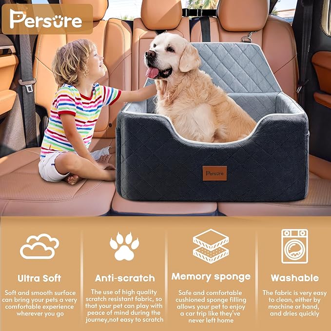 Dog Car Seat for Large-Medium Dogs: Pet Car Seat, Detachable Washable Dog Booster Seat, Pet Travel Bed with Storage Pockets and Dogs Safety Belt (Black, Large)