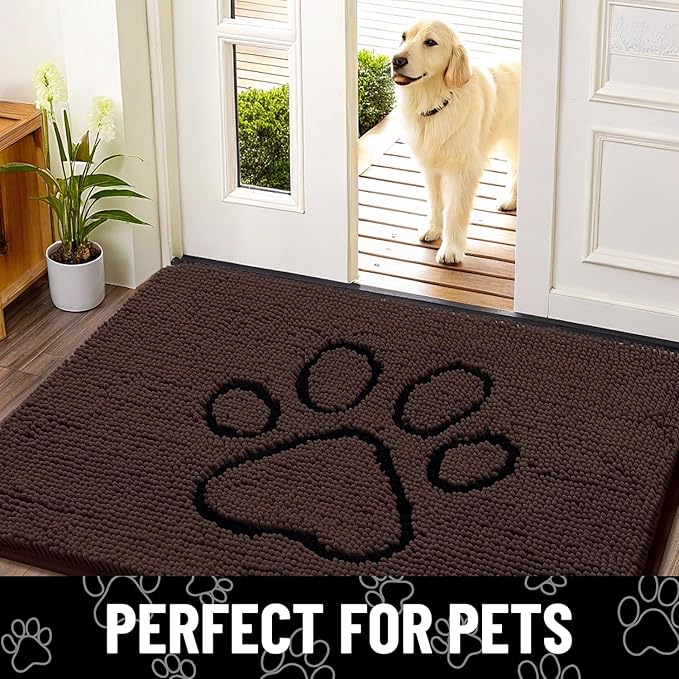 Smiry Dog Door Mat for Muddy Paws, Absorbent Dirt Trapper Non Slip Quick Dry Washable Chenille Mat for Mud Dogs, Entry Rug for Indoor and Outdoor (48x30 Inches, Brown and Black)