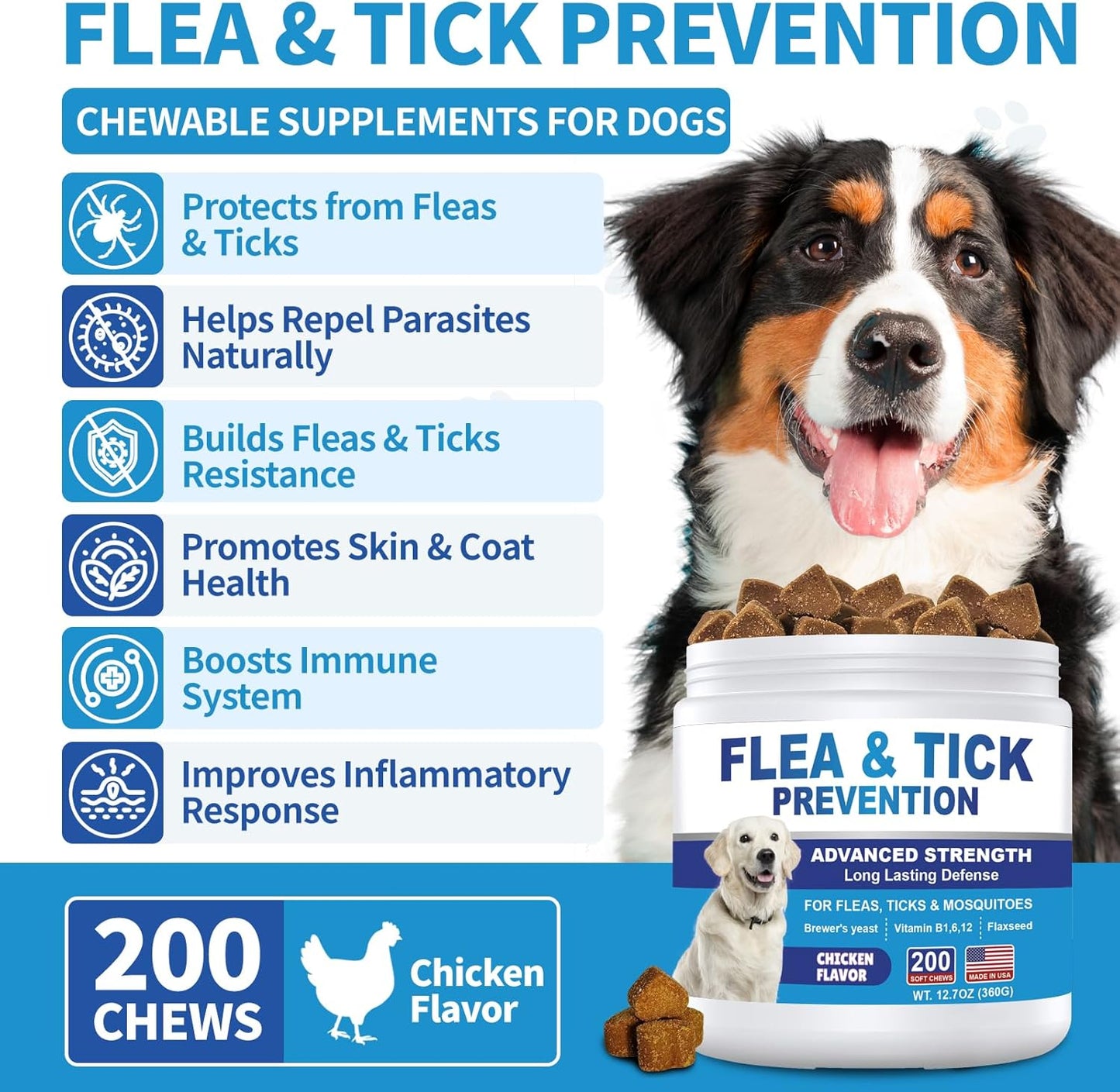 Dog Flea and Tick Chewable 200ct, Oral Flea and Tick Chews Supplement, Skin & Coat Support for Dogs, Puppies, All Breeds & Sizes