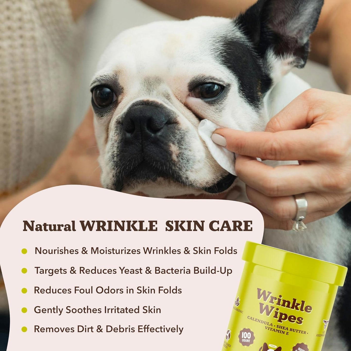 Natural Dog Company Wrinkle Wipes for Dogs, 100 Count, Hypoallergenic Dog Wipes, Wrinkle Wipes French Bulldog, Cleaning & Deodorizing, Dog Wipes for Grooming Faces, Paws & Butts