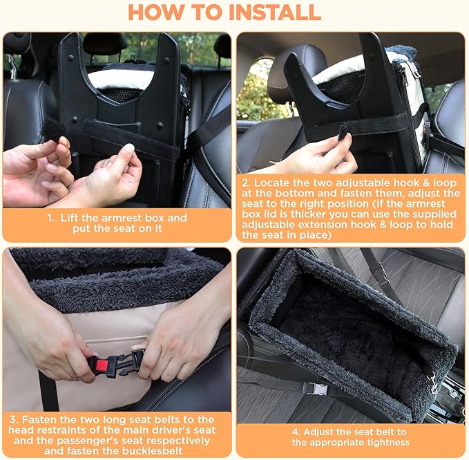 Center Console Dog Car Seat for Small Dogs,PU Leather Small Dog Car Booster Seat,Washable Foldable Puppy Car Seat with Safe Protection Hooks Adjustable Straps and Storage Pocket Pet Up to 15lbs