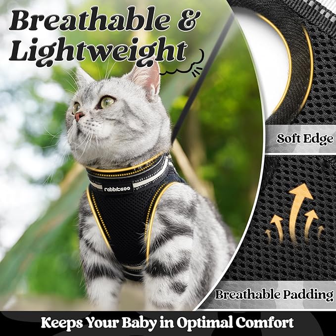 rabbitgoo Cat Harness and Leash Set for Walking Escape Proof, Adjustable Soft Kittens Vest with Reflective Strip for Cats, Comfortable Outdoor Vest, Black, XL