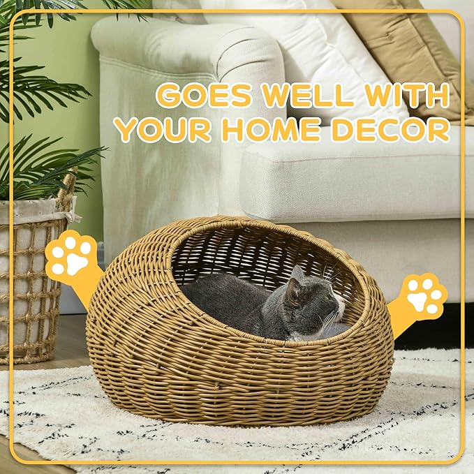 PawHut Rattan Cat Bed, Wicker Cat House Basket with Washable Cushion for Small Indoor Cats and Dogs, Light Brown