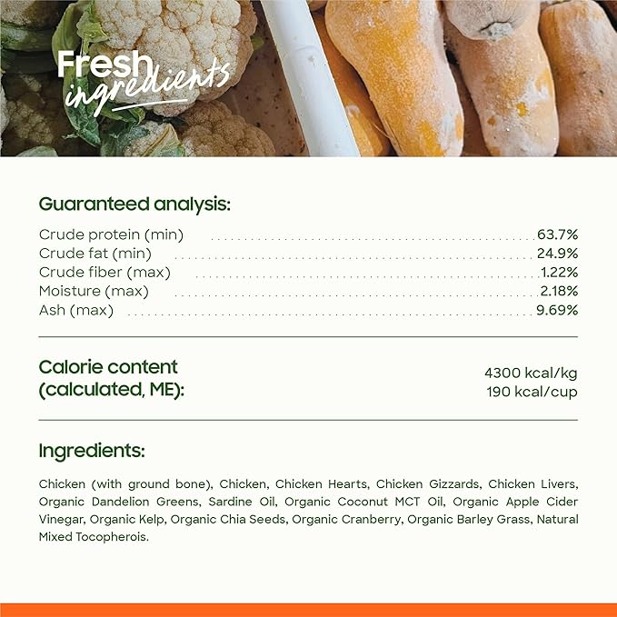 Freeze-Dried Raw Cat Food, Shelf Stable Food Bites, Chicken Recipe, High Protein Meal or Topper for Cats, Humanely Raised Meat, Organic, Non-GMO Produce, Made in The USA, 10oz Bag