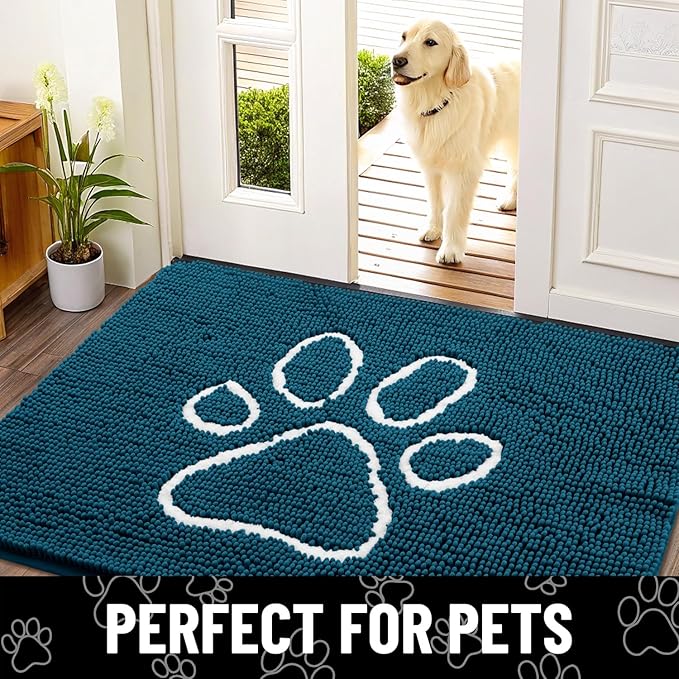 Smiry Dog Door Mat for Muddy Paws, Absorbent Dirt Trapper Non Slip Quick Dry Washable Chenille Mat for Mud Dogs, Entry Rug for Indoor and Outdoor (24x16 Inches, Atlantic Blue)