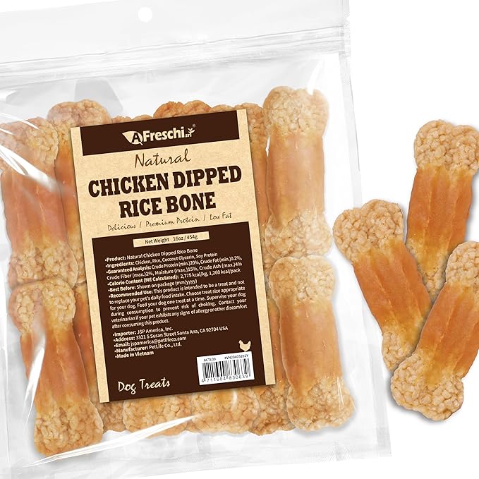 AFreschi Natural Chicken Dipped Rice Bone 16 oz, All Natural, Grain-Free, High-Protein, Healthy & Easily Digestible, Soft Texture