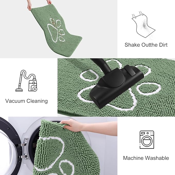 Smiry Dog Door Mat for Muddy Paws, Absorbent Dirt Trapper Non Slip Quick Dry Washable Chenille Mat for Mud Dogs, Entry Rug for Indoor and Outdoor (40x32 Inches, Olive Green and White)