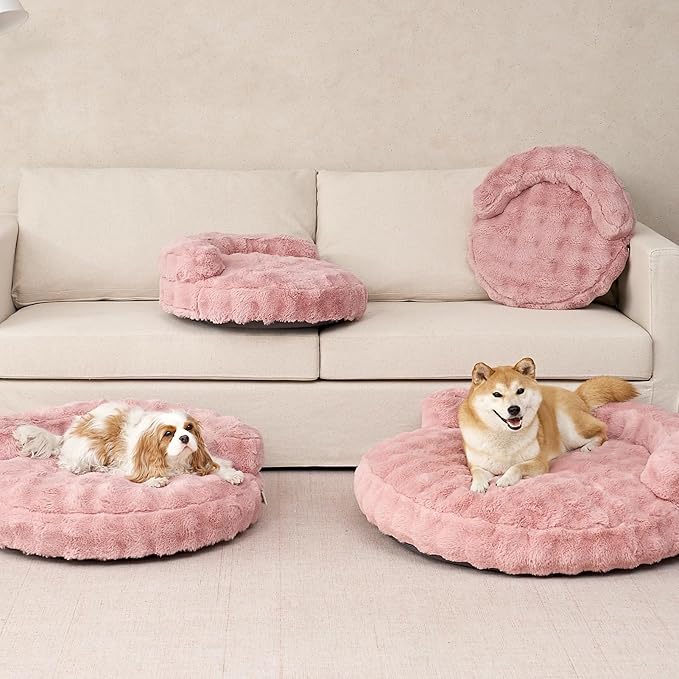 EHEYCIGA Small Dog Bed and Cat Couch for Puppy and Kitten - Fluffy Faux Rabbit Fur Pet Sofa with Washable Removable Cover, Waterproof and Non-Slip, 23 Inch Pink