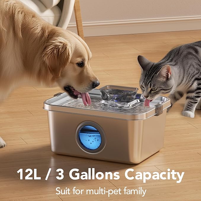 Dog Water Fountain, 3 Gallons Stainless Steel Dog & Cat Water Fountain, Large Pet Water Fountain for Multiple Pets, Ultra Silent, Wide Tray, Safety Lock, 3 Filters Included, Smart Water Pump