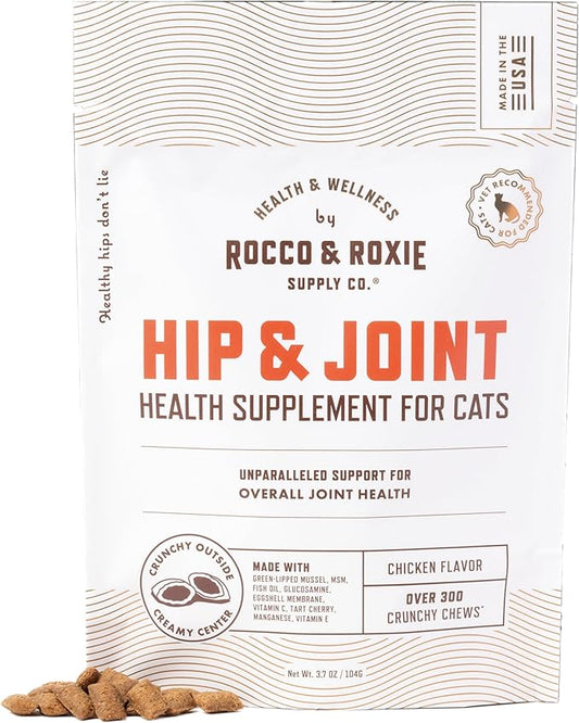 Rocco & Roxie Senior Cat Hip & Joint Supplements - Chicken Flavored Glucosamine Joint Supplement for Cats, Cat Arthritis Pain Relief, with Green Lipped Mussel, Made in USA, Over 300 Crunchy Chews