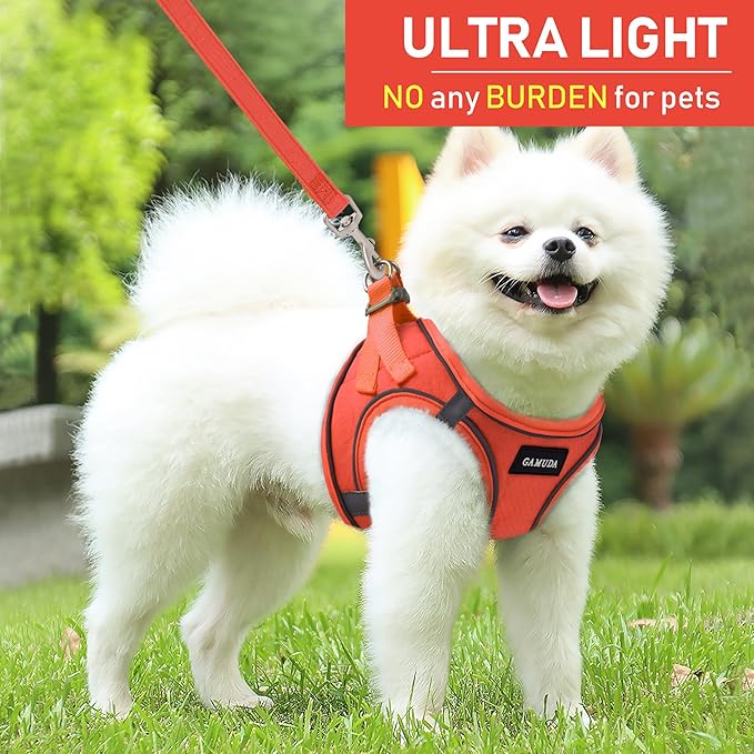 GAMUDA Small Pet Harness Collar and Leash Set, Step in No Chock No Pull Linen Fabric Soft Mesh Dog Vest Harnesses Reflective for Dogs Puppy Cats Kitten Rabbit (Orange, M)