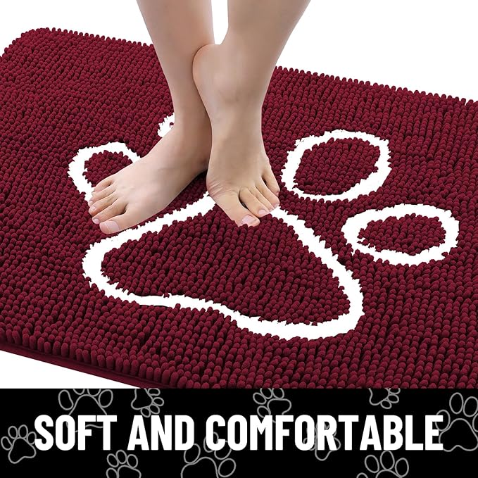 Smiry Dog Door Mat for Muddy Paws, Absorbent Dirt Trapper Non Slip Quick Dry Washable Chenille Mat for Mud Dogs, Entry Rug for Indoor and Outdoor (24x16 Inches, Burgundy)