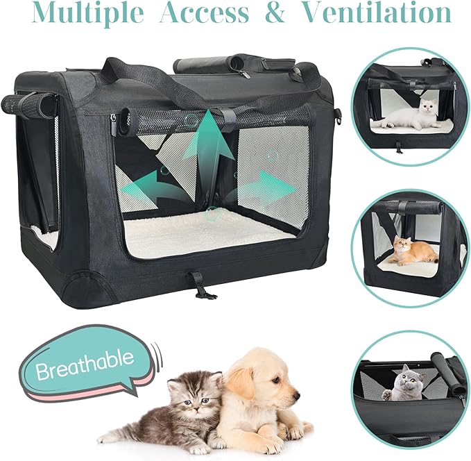 Fhiny Large Cat Carrier for 2 Cats, 24"x17"x17" Soft Dog Crate Collapsible Portable Travel Pet Carrier Bag Durable Breathable Foldable Kitten Carrier Bag for Cats Puppy Under 45 Lbs Black