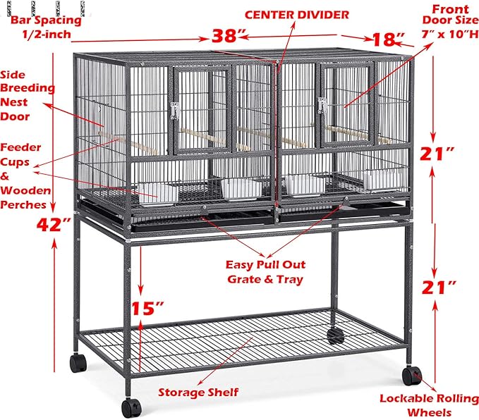 1/2/3-Combo Stacker Center Divided Breeder Breeding Bird Flight Double Rolling Cage for Aviaries Canaries Cockatiels Lovebirds Finches Budgies Small Parrots (Black Vein, One Stacker)