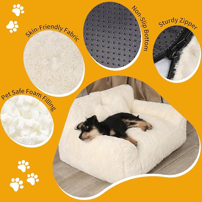 Fluffy Cat Couch, Small Dog Bed with Bone Shaped Pillow, Anti-Anxiety Pet Bed with Washable Cover, Cream