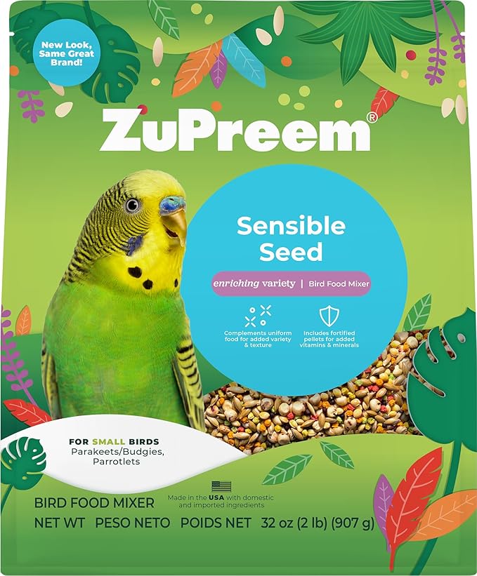 ZuPreem Sensible Seed Bird Food, Parakeet, Budgie, Parrotlet, Dove, Seed and Pellet Blend for Small Birds, Food Mixer Topper, Enriching Variety, Made in USA, Parakeet Seeds (S, 2 lbs)