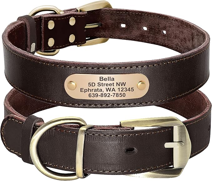 Didog Genuine Leather Dog Collars with Engraved Nameplate, Personalized Soft Leather Dog Collar with Custom ID Tag, Brown/Green/Red for Medium Large Dogs (XXL,Brown)