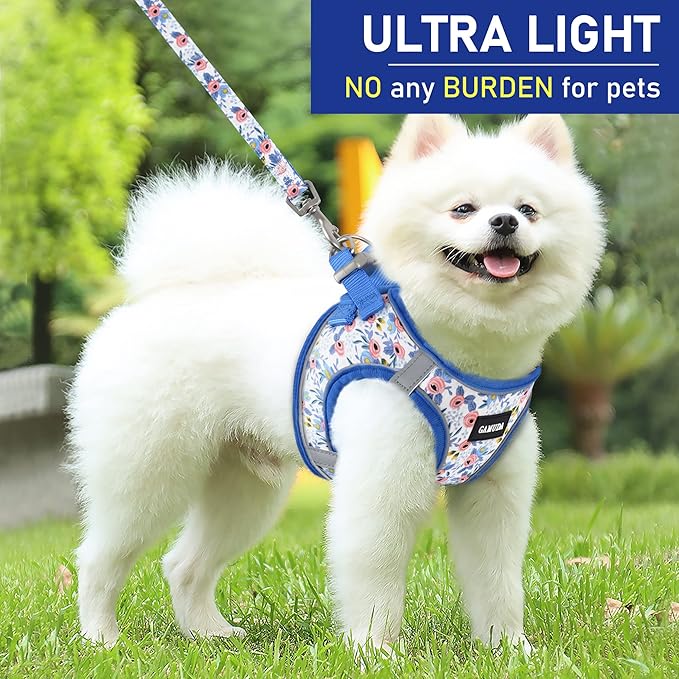 GAMUDA Small Dog Harness Collar and Leash Set, Step in No Chock No Pull Soft Mesh Adjustable Dog Vest Harnesses Plaid Reflective for Dogs Puppy Cats Kitten Rabbit (Blue Flower, XL)