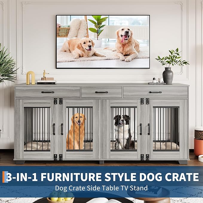 GarveeLife 71 in Dog Crate Furniture for 2 Rooms, Wooden Double Crate Large Breed with Door, Dog Kennel Indoor, TV Stand End Table with Divider for Large Medium Dogs,Grey