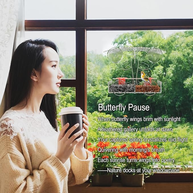 Clear Window Bird feeders with Strong Suction Cups,Butterfly-Shaped Acrylic Window Mount Bird Water feeders for Outdoors Squirrel Proof,Window Bird feeders for Viewing Cats House Gift,Garden Decor;