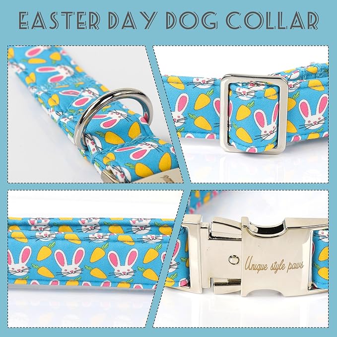Unique style paws Dog Collar Metal Buckle Collar for Easter Gift Pink Ear Rabbit Carrot Durable Cotton Collar for Small Medium Large Boys Girls Dogs